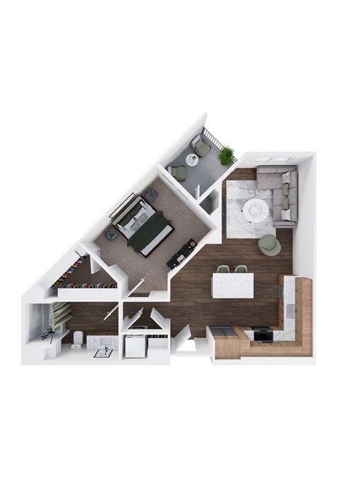 A 3D floor plan of a house with a kitchen, living room, and two bedrooms.